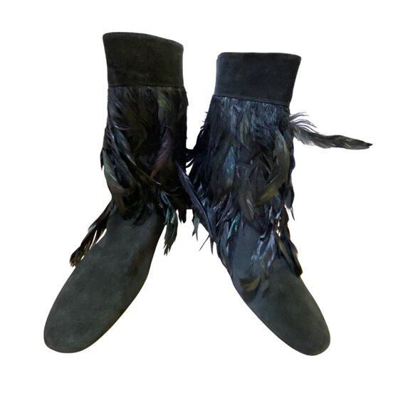 Black Suede Feather Delman Ankle Boots Size 9.5 Western Indian Punk Rock Retro - Picture 6 of 12